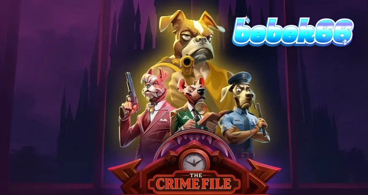 Tampilan visual noir dari slot The Crime File dengan karakter detektif anjing